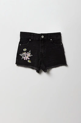 Short en denim à taille haute avec motif brodé fleuri pour fille