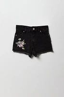 Short en denim à taille haute avec motif brodé fleuri pour fille
