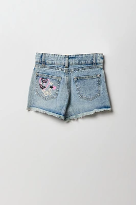 Short en denim à taille haute avec imprimé et pierres du Rhin pour fille