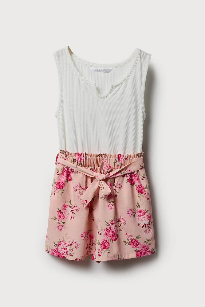 Combi-short fleuri avec ceinture pour fille