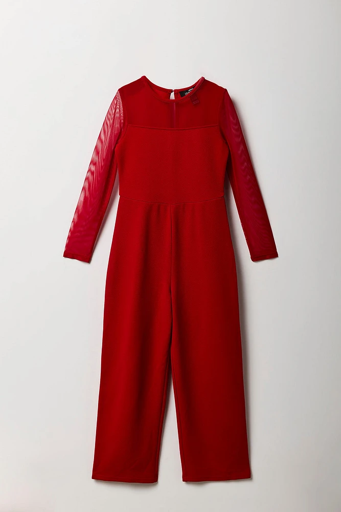 Girls Crepe Mesh Long Sleeve Jumpsuit