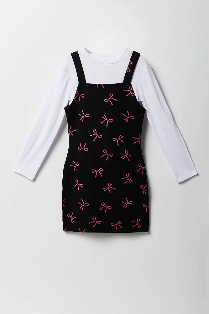 Ensemble avec robe et haut à manchees longues en tricot de jacquard pour fille