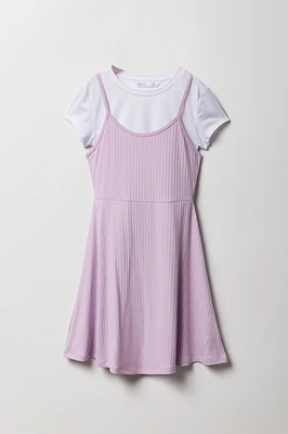 Ensemble avec t-shirt et robe à jupe virevoltante côtelée pour fille