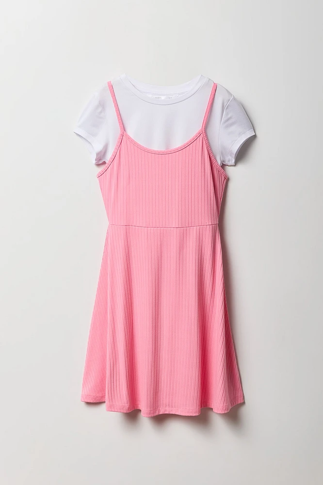 Ensemble avec t-shirt et robe à jupe virevoltante côtelée pour fille