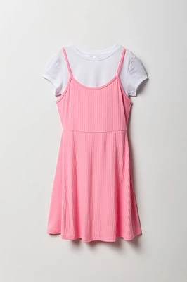 Ensemble avec t-shirt et robe à jupe virevoltante côtelée pour fille