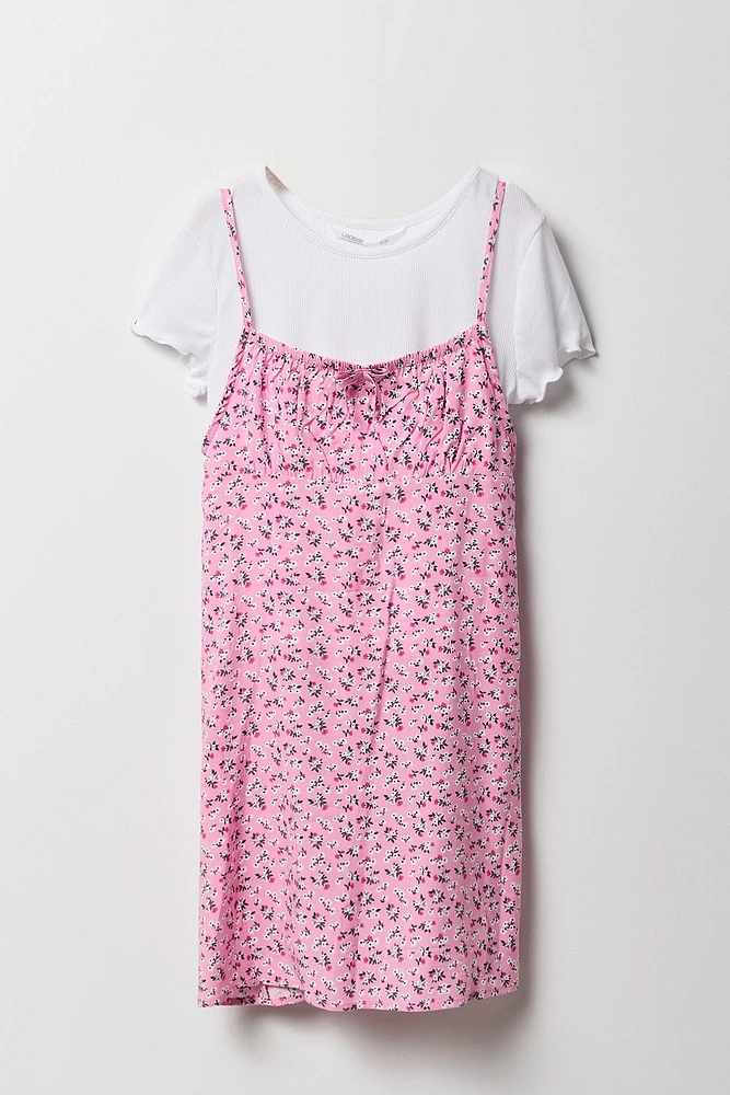 Ensemble avec t-shirt côtelé et robe fleurie pour fille