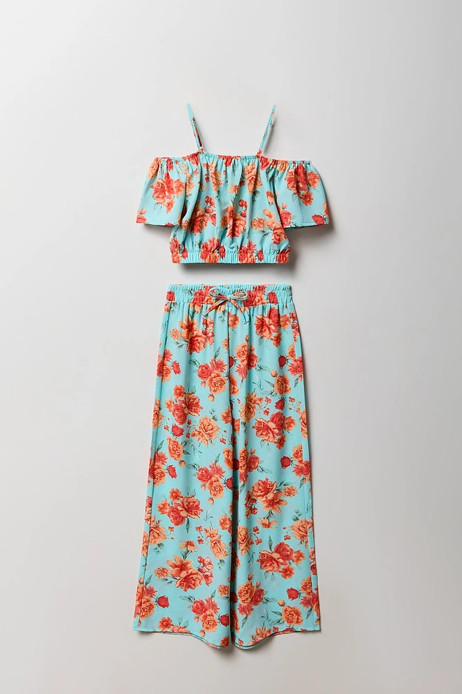 Ensemble avec haut à épaules dénudées et pantalon jambe large pour fille
