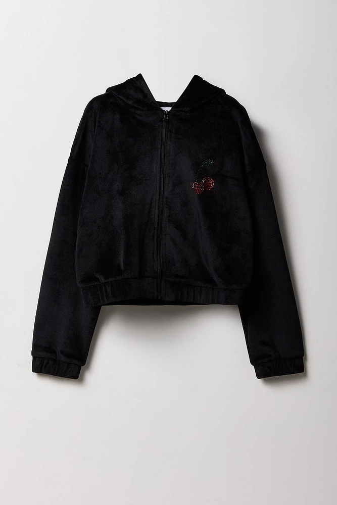 Girls Rhinestone Velour Zip-Up Hoodie