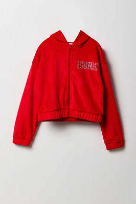 Girls Rhinestone Velour Zip-Up Hoodie