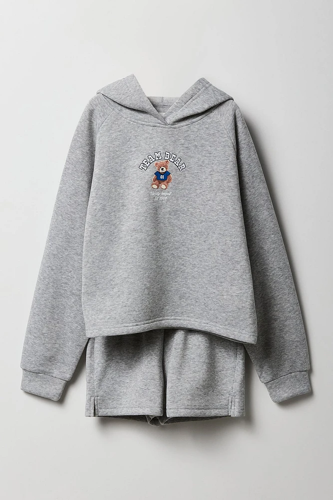 Girls Embroidered Fleece Hoodie & Short 2 Piece Set