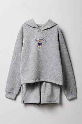 Girls Embroidered Fleece Hoodie & Short 2 Piece Set