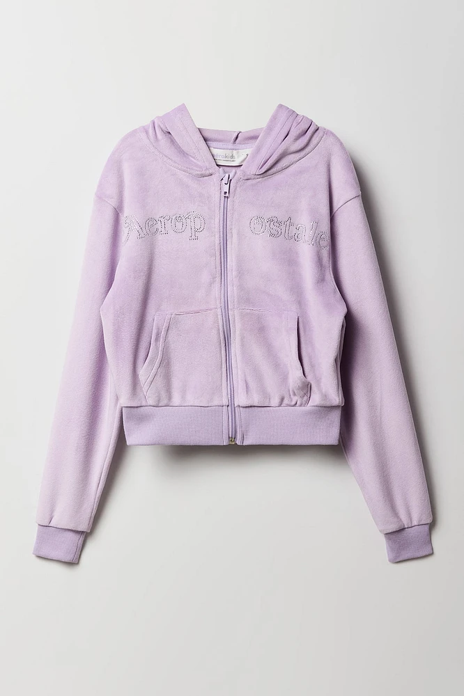 Haut à capuchon en velours imprimé Aeropostale avec fermeture glissière pour fille