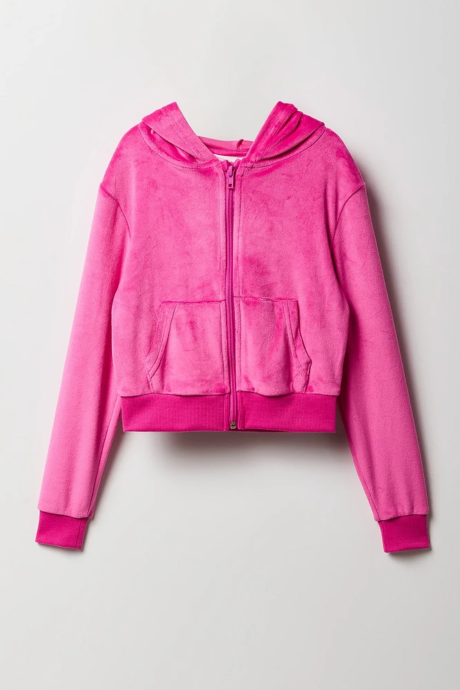 Haut à capuchon en velours imprimé Aeropostale avec fermeture glissière pour fille
