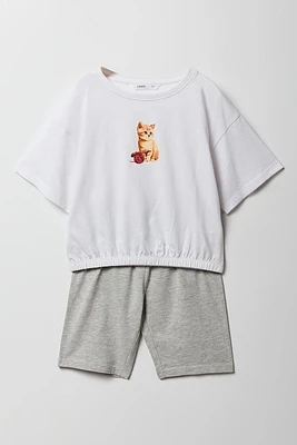 Ensemble avec t-shirt cintré imprimé et short de cycliste pour fille