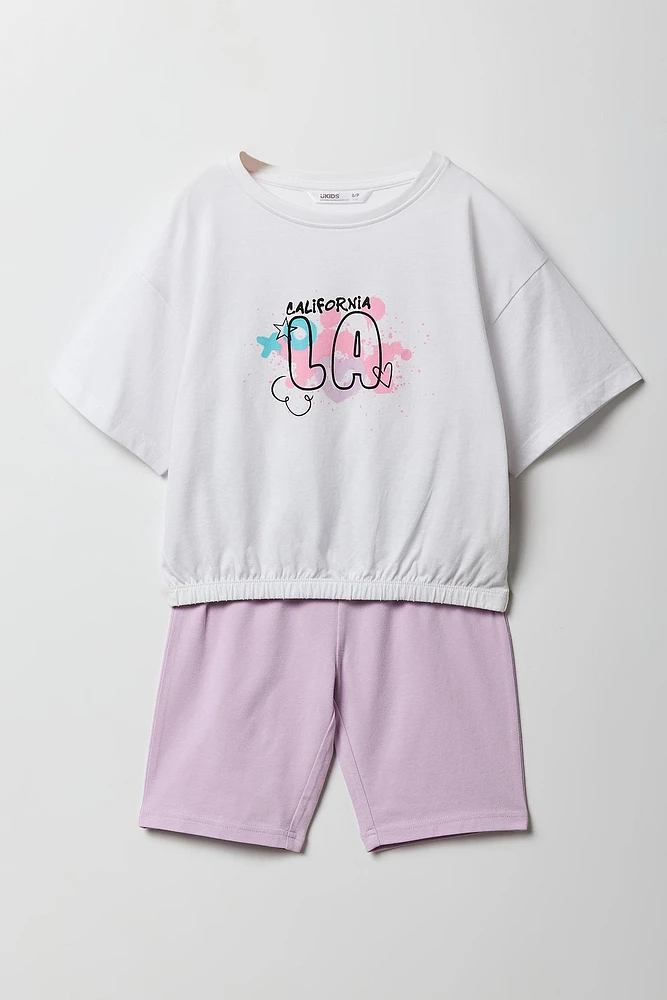 Girls Graphic Cinched T-Shirt & Biker Short 2 Piece Set