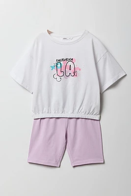 Girls Graphic Cinched T-Shirt & Biker Short 2 Piece Set