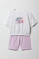 Girls Graphic Cinched T-Shirt & Biker Short 2 Piece Set