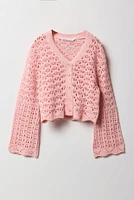 Girls Open Knit Button-Up Cardigan