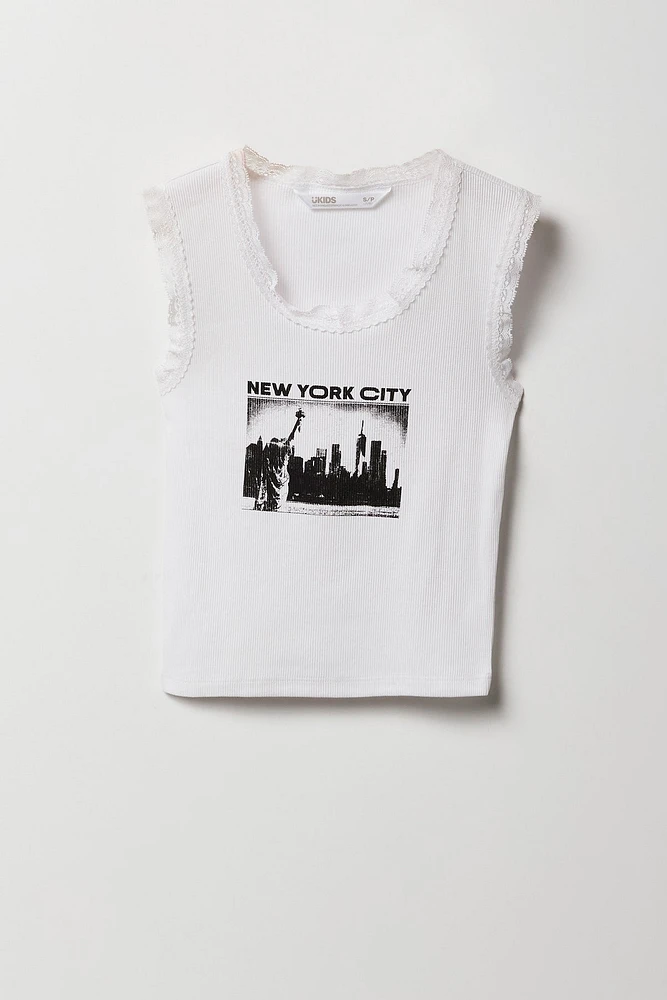 Girls City Graphic Ribbed Lace Trim Tank