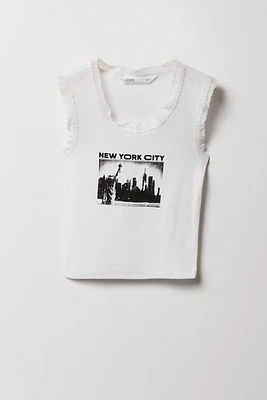 Girls City Graphic Ribbed Lace Trim Tank