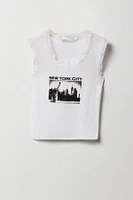 Girls City Graphic Ribbed Lace Trim Tank