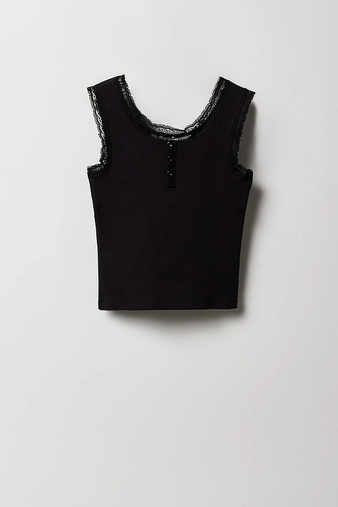 Girls Ribbed Lace Henley Tank