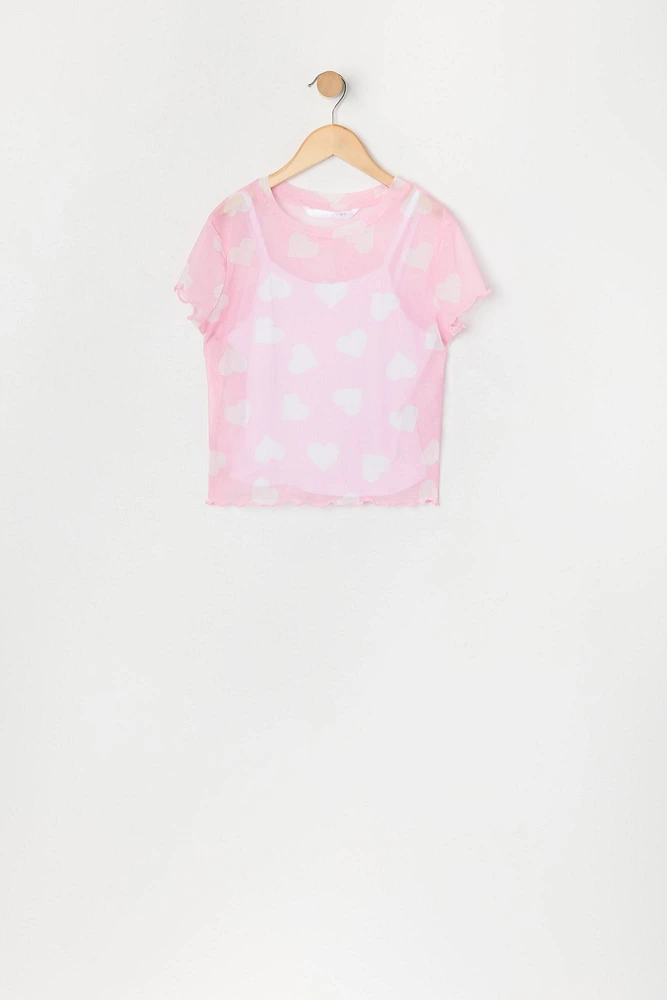 Ensemble deux pièces t-shirt et camisole en filet imprimé pour filles