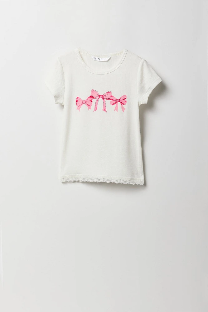 Girls Graphic Ribbed Lace Trim T-Shirt