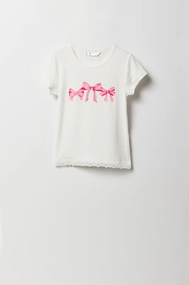 Girls Graphic Ribbed Lace Trim T-Shirt