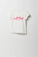 Girls Graphic Ribbed Lace Trim T-Shirt