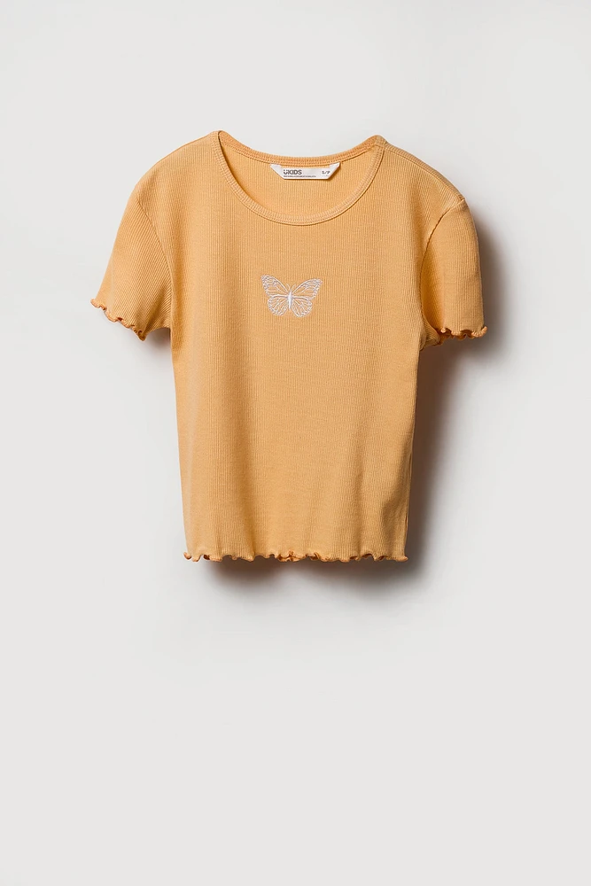 T-shirt côtelé avec motif brodé et ourlet volanté pour fille