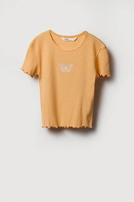 T-shirt côtelé avec motif brodé et ourlet volanté pour fille