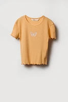 T-shirt côtelé avec motif brodé et ourlet volanté pour fille