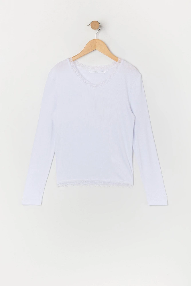 Girls Ribbed Lace Trim Long Sleeve Top