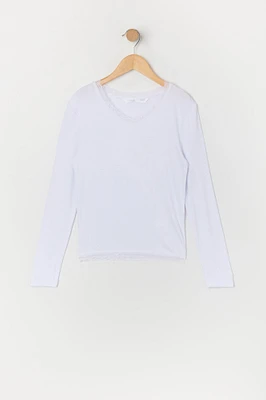 Girls Ribbed Lace Trim Long Sleeve Top