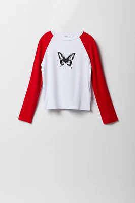 Girls Graphic Ribbed Raglan Long Sleeve Top