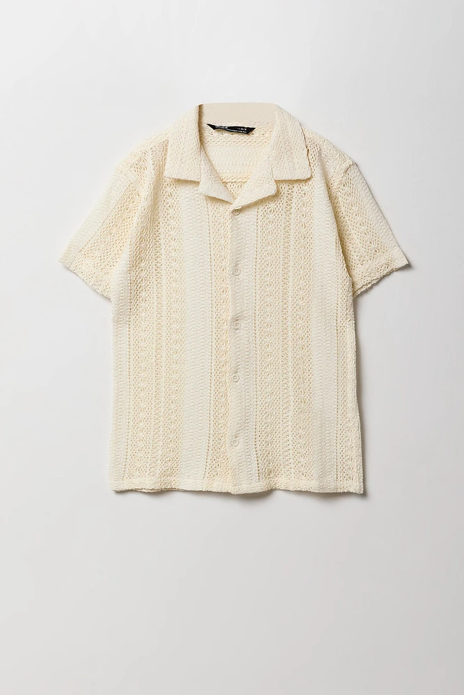 Boys Textured Open Knit Button-Up Top