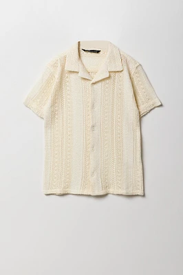 Boys Textured Open Knit Button-Up Top