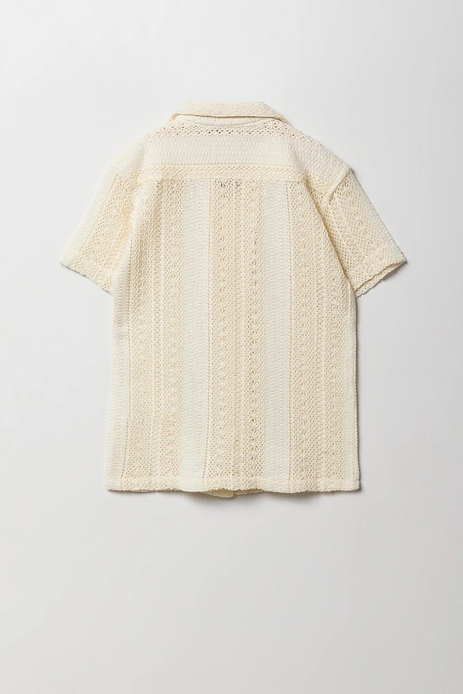 Boys Textured Open Knit Button-Up Top