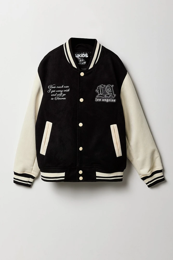 Boys Faux Suede Embroidered Varsity Jacket
