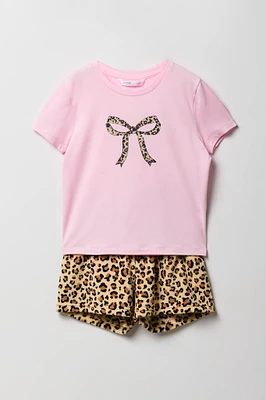 Girls Graphic T-Shirt & Plush Short 2 Piece Pajama Set