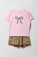 Girls Graphic T-Shirt & Plush Short 2 Piece Pajama Set