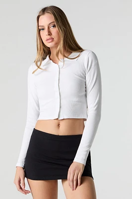 Ribbed Button Front Cropped Long Sleeve Top
