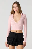 Ribbed Collared Cropped Long Sleeve Top