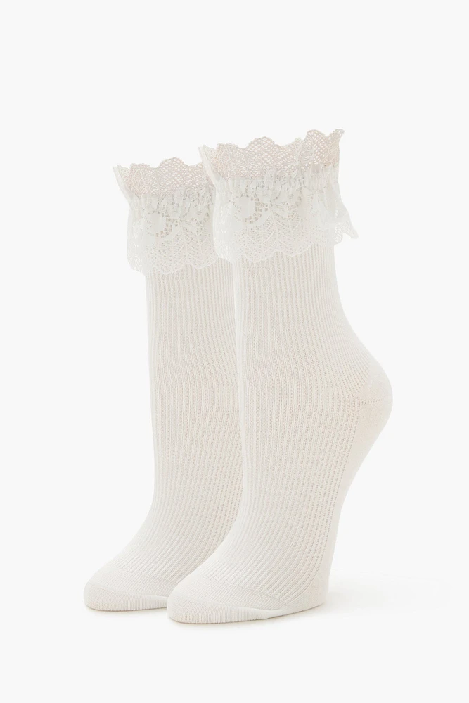 Ribbed Lace Trim Crew Socks