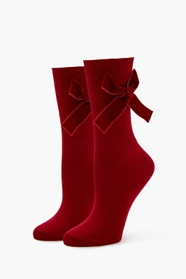 Velvet Bow Ribbed Crew Socks