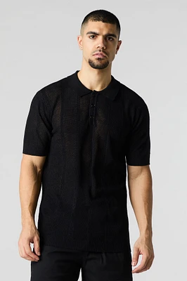 Textured Open Knit Polo T-Shirt