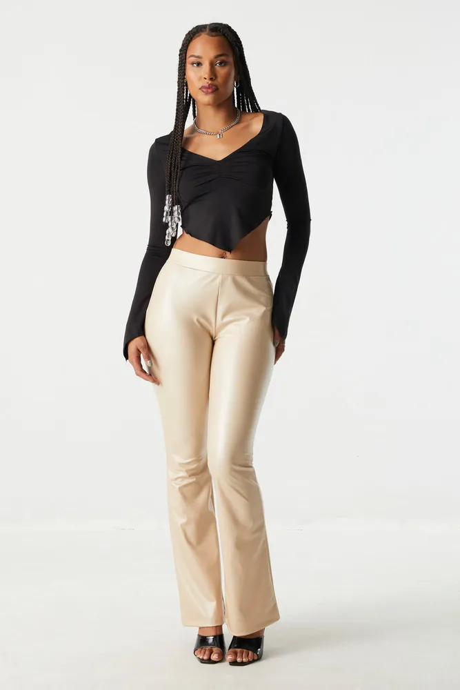 Beige Faux Leather Smart Trousers