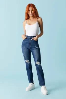 Jean « mom » extensible vintage d'aspect usé délavé foncé