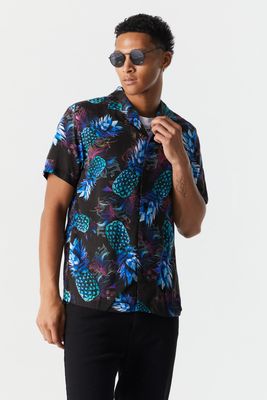Urban Planet Tropical Floral Print Button-Up Shirt | Black | | Mens